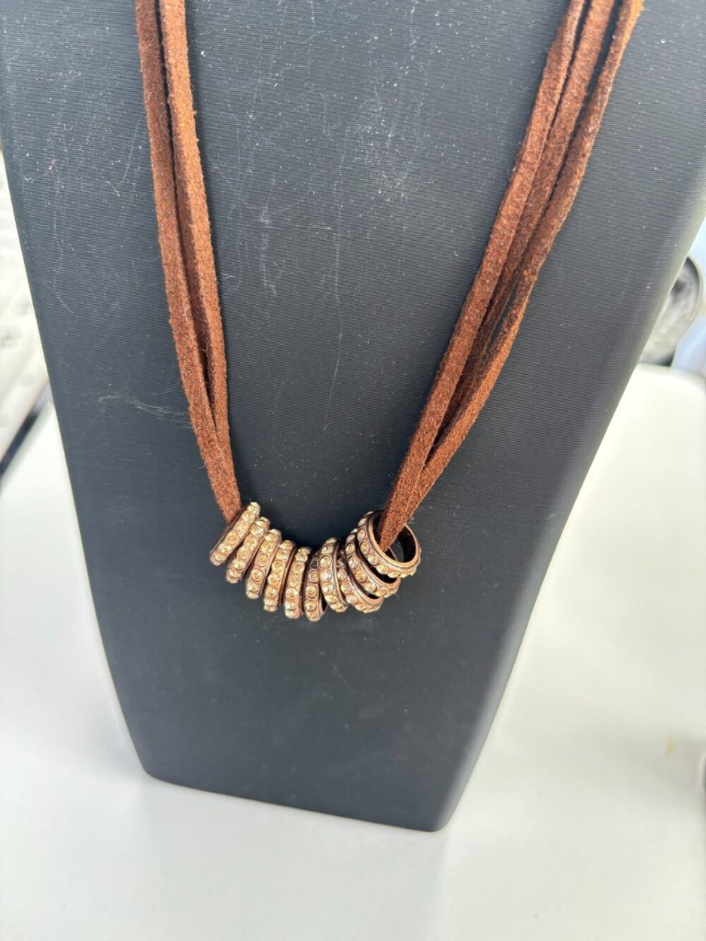 Joan Rivers Brown Suede Wrap Necklace Rhinestone Ring Slide Pendant Vintage